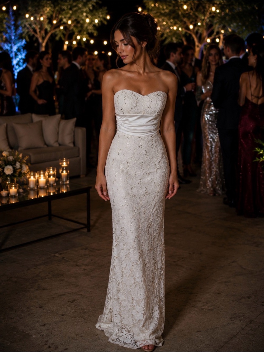 Tony Bowls Cream Lace Strapless Sequin Gown